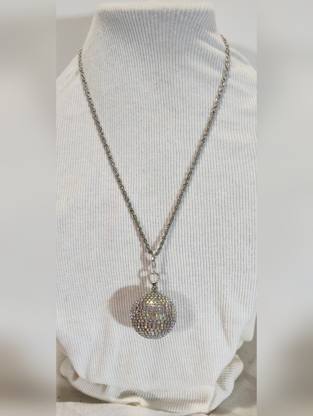 Disco Ball Silver tone Necklace ByAB Pave Stones Bling Bling